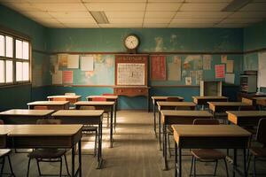 salón de clases en un antiguo colegio con mesas, sillas, sillas y escritorios, colegio salón de clases con colegio escritorios y pizarra en japonés alto escuela, ai generado foto