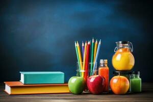 Back to school concept. School supplies on wooden table and blackboard background, school supplies with chalkboard, back to school concept, AI Generated photo