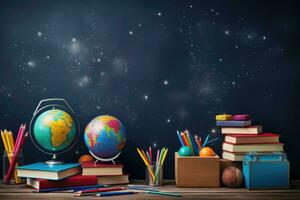 Back to school concept with globe, books and pencils on wooden table, school supplies with chalkboard, back to school concept, AI Generated photo