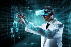 Scientist in white coat and vr headset touching icon of media screen, Scientist wearing virtual reality goggles against media screen background 3D rendering, AI Generated photo