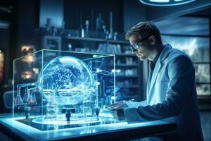 Young scientist working in laboratory with glowing globe. Research and development concept. Double exposure, Scientist working with a futuristic interface in a laboratory. 3D rendering, AI Generated photo