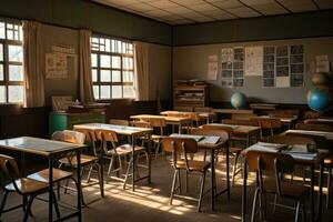 Classroom of an old school with a clock in the background, School classroom with school desks and blackboard in Japanese high school, AI Generated photo