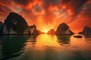 Beautiful sunset over Halong bay, Vietnam. Panoramic view, seascape sunset at Halong Bay, AI Generated photo