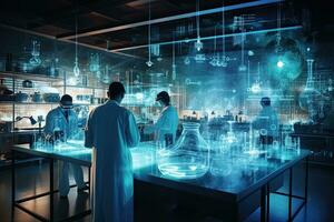 Group of scientists working in laboratory with glowing medical icons. Mixed media, Scientists had working with futuristic interface in laboratory, panoramic banner, AI Generated photo