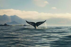 ballena cola en el Oceano con montañas en el antecedentes. Islandia, marina con ballena cola, ai generado foto