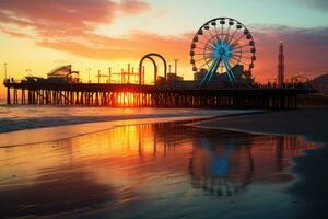 Sunset view of pier and ferris wheel in San Diego, California, Santa Monica pier at sunset, AI Generated photo