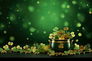 Gold coins with clover leaves in a pot on a dark background, Saint Patrick's Day banner with black pot full of gold coins and shamrock leaves abstract green background, AI Generated photo