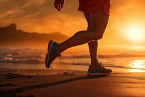 corredor atleta corriendo en playa a amanecer. mujer aptitud trotar rutina de ejercicio bienestar concepto, corriendo a el playa, cerca arriba de pierna, soñador puesta de sol efecto, ai generado foto