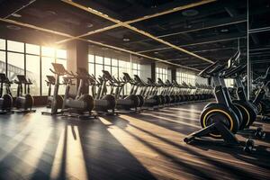 Modern gym interior with rows of treadmills. 3d rendering, rows of stationary bikes and health exercise equipment for bodybuilding in gym's modern fitness center room, AI Generated photo