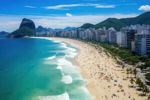 View of Copacabana beach in Rio de Janeiro, Brazil, Rio de Janeiro, Brazil, Aerial View of Ipanema Beach and Lagoa in the Summer, AI Generated photo