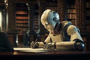 3d representación de un robot leyendo un libro en un biblioteca, robot autor escritura en un bloc en un antiguo biblioteca, ai generado foto