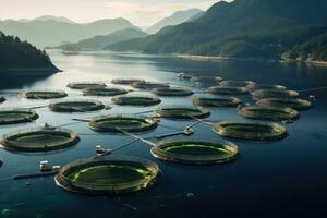 Aerial view of fish farm in Yunnan Province, China, Salmon fish farm in ocean water near coast of Streymay Island, AI Generated photo