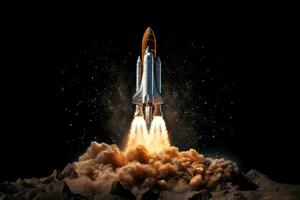 Space rocket taking off from the ground. 3d illustration. Elements of this image furnished by NASA, Rocket taking off to the moon on a black background, AI Generated photo