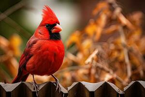 Northern Cardinal cardinalis cardinalis perched on a fence, red bird like a cardinal sitting on a fence, AI Generated photo
