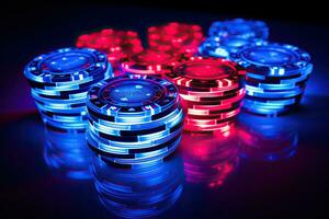 Casino chips on a dark background. 3d rendering toned image, Red blue casino chips in neon shades, AI Generated photo