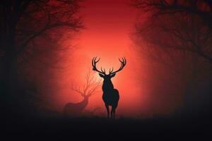 silueta de un rojo ciervo en un brumoso bosque, rojo ciervo ciervo silueta en el neblina, ai generado foto