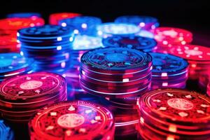 Stacks of poker chips on a dark background. Casino concept, Red blue casino chips in neon shades, AI Generated photo