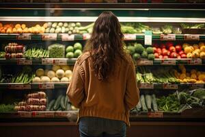 posterior ver de mujer mirando a Fresco vegetales en estante en supermercado, posterior ver de joven mujer compras para frutas y verduras, ai generado foto