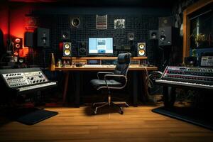 Music recording studio with professional equipment and lighting equipment. Shallow depth of field, Recording studio with music editing equipment, AI Generated photo