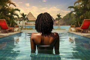 Rear view of a young African American woman in a swimming pool, Rear view of young african american woman relaxing in swimming pool at tropical resort, AI Generated photo