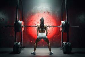 Athletic woman lifting a heavy barbell in a dark room, rear view of Young woman make squats exercise with a barbell, AI Generated photo