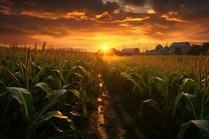 puesta de sol terminado maíz campo con pequeño pueblo en el antecedentes en verano, recreación artístico de campo de maíz con maíz plantas a atardecer, ai generado foto