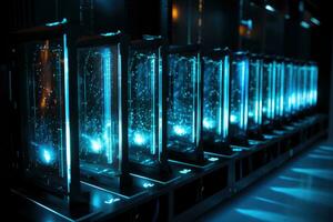 3d rendering of data center or server room with blue glowing lights, Row of network servers with glowing LED lights, AI Generated photo