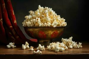 Popcorn in a golden bowl on a wooden table, dark background, Recreation artistic still life of popcorn in a bowl, AI Generated photo