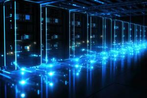 3d rendering server room data center with neon lights. Server room data center, Row of network servers with glowing LED lights, AI Generated photo