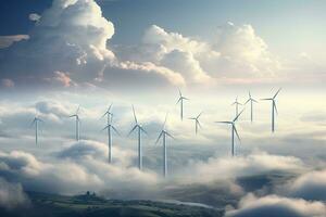 An image of wind turbines in the clouds at sunset. This is a 3d render illustration, renewable energy with wind turbines picking out on the clouds, AI Generated photo