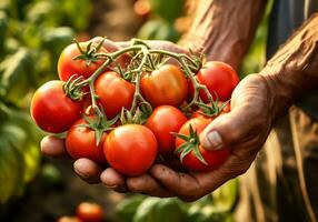 Farmer's hands holding red tomatoes from his harvest. Agriculture time. AI generated photo