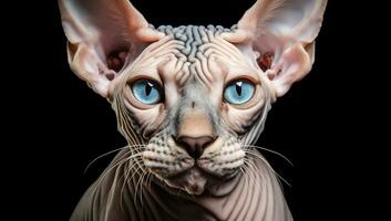 Realistic portrait of Sphynx cat. AI generated photo
