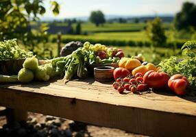 Wooden table with the most varied fresh vegetables, in the field. Healthy food concept. AI generated photo