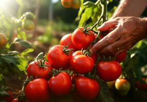 Farmer's hands holding red tomatoes from his harvest. Agriculture time. AI generated photo