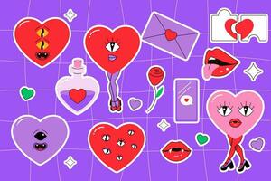 Set, valentine's day stickers, groovy psychedelic style vector