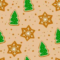 Seamless pattern cookies gingerbread in shape of star and snowflake and Christmas tree with sugar glazed in a cartoon style. Homemade dessert. Vector illustration