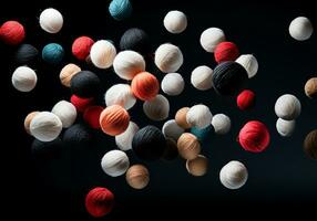 Balls of wool for making warm clothes and warm accessories on a dark background. Winter time. AI generated photo