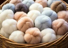Balls of wool in pastel colors, in a basket, for making warm clothes and warm accessories. Winter time. AI generated photo