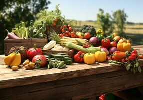 de madera mesa con el más variado Fresco verduras, en el campo. sano comida concepto. ai generado foto