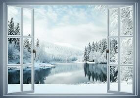 Cold winter landscape with lots of snow, seen through an open window. AI generated photo