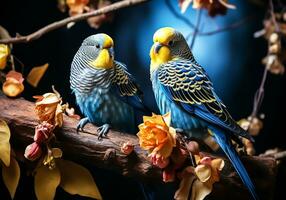 Pair of parakeets perched on a tree branch. AI generated photo