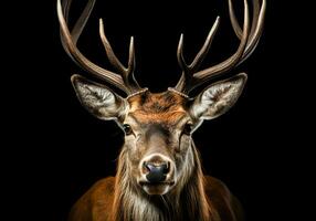 Realistic portrait of a deer isolated on dark background. AI generated photo