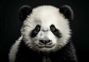 Realistic portrait of a panda isolated on dark background. AI generated photo