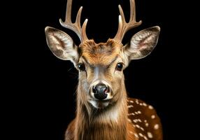 Realistic portrait of a deer isolated on dark background. AI generated photo