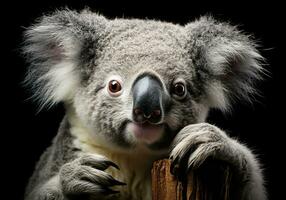 Realistic portrait of a koala isolated on dark background. AI generated photo