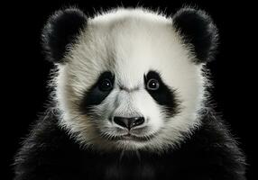Realistic portrait of a panda isolated on dark background. AI generated photo