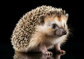 Realistic closeup portrait of a hedgehog on dark background. AI generated photo