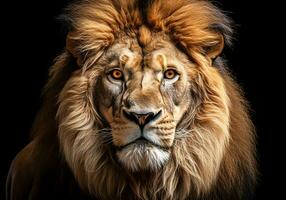 Realistic portrait of a lion isolated on dark background. AI generated photo