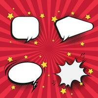 Group of four colorful retro comic speech bubble on halftone red background design. Four Spacing bubble discount concept banner templates vector