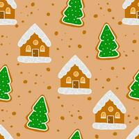 Seamless vector New Year's Eve pattern. Christmas gingerbread houses and Christmas tree. Vector illustration